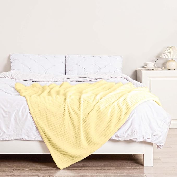 Bnuitland Light Yellow Flannel Throw (50X71 inches) with Pillow Cover(18×18"),300GSM Super Soft Fleece Stripe Pattern Sofa Blanket, Lightweight Cozy Bed Throw for Home Decor All Season