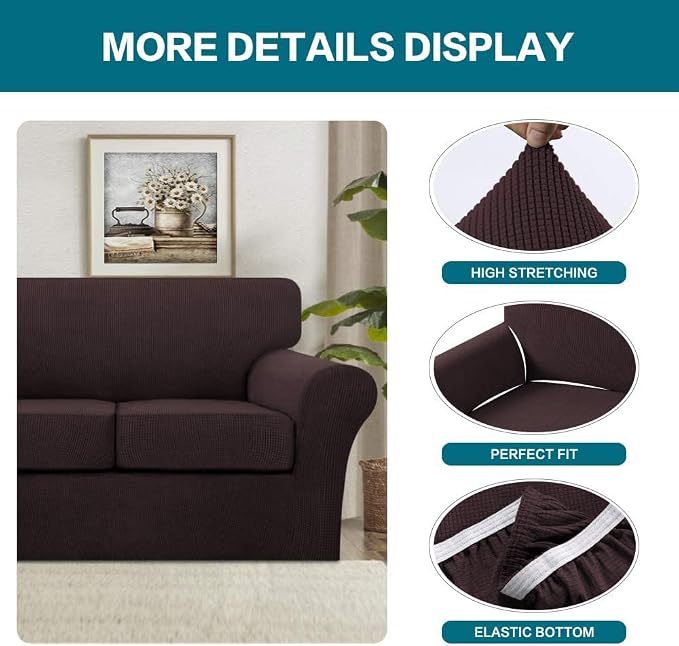 Turquoize 3 Piece Sofa Covers for 2 Cushion Couch Sofa Slipcover Soft Couch Cover for Dogs-Washable Sofa Furniture Covers with 2 Individual Cushion Covers, Thick Jacquard Fabric (Loveseat, Brown)