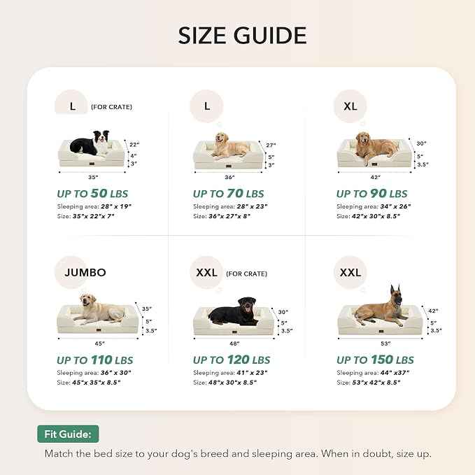 Orthopedic Dog Beds for Large Sized Dogs 36x27 Inch, Waterproof Egg Crate Foam Dog Sofa Bed with Removable Washable Cover Big Pet Couch with Bolster & Non-Slip Bottom, Beige