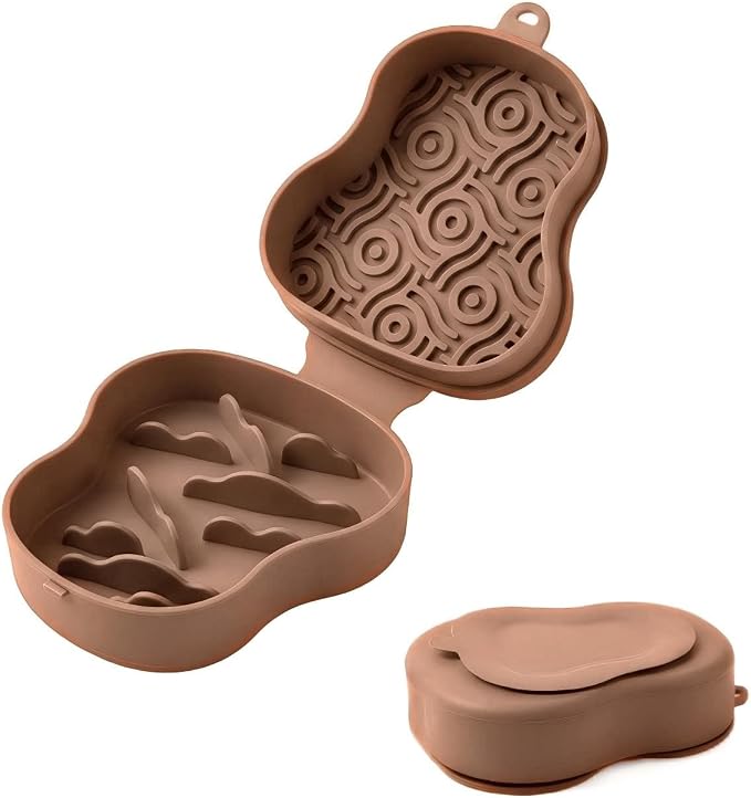 Collapsible Dog Travel Bowl with Lid, Portable Slow Feeder & Lick Mat Combo, Mess-Free Clamshell Silicone Water Dish for Hiking (Khaki)