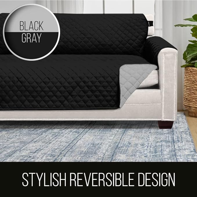 Sofa Shield® Couch Armchair Covers for Dogs, Reversible Furniture Protector with Strap, Stain and Tear Resistant Cushion Cover, 48 inch Seat, Machine Washable Slipcover Pets, Cats, Black Gray