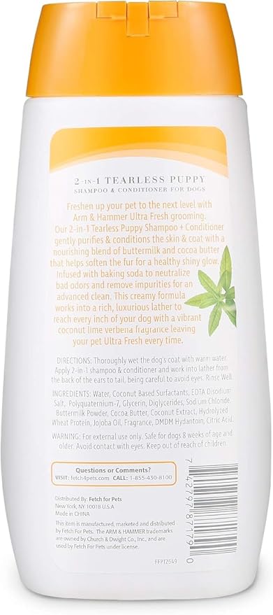Arm & Hammer Ultra Fresh Tearless Puppy Shampoo and Conditioner 2 in 1 with Baking Soda Deodorizer, Gentle Pet Wash for Odor Control, Puppy Bath, Coconut & Lime Verbena Scent, 16 Fl Oz - 2 Pack