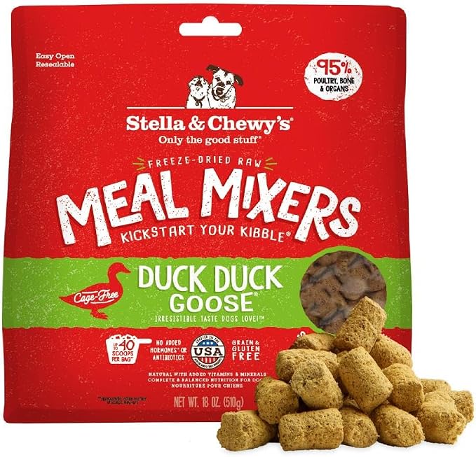 Stella & Chewy's Freeze-Dried Raw Duck Duck Goose Meal Mixers - Dog Food Topper and Mixer - Made with 95% Cage-Free Poultry, Organs & Bone - Perfect for Picky Eaters - Grain-Free - 18 oz
