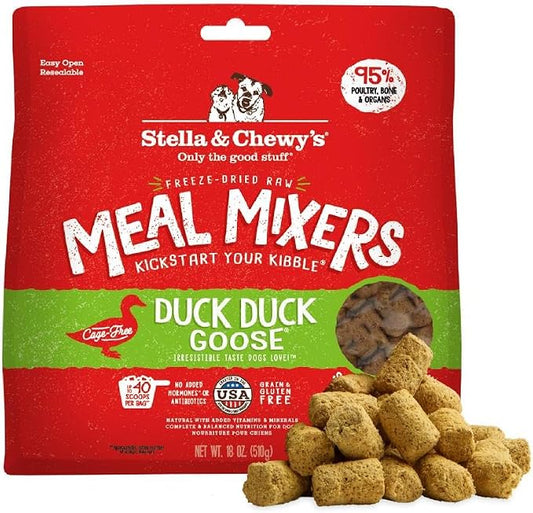 Stella & Chewy's Freeze-Dried Raw Duck Duck Goose Meal Mixers - Dog Food Topper and Mixer - Made with 95% Cage-Free Poultry, Organs & Bone - Perfect for Picky Eaters - Grain-Free - 18 oz