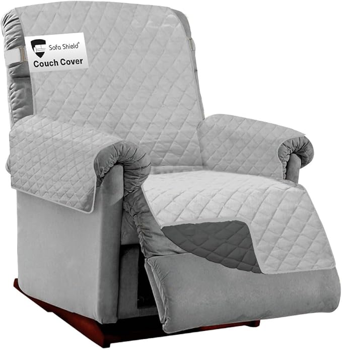 Sofa Shield® Couch Recliner Covers for Dogs, Reversible Furniture Protector with Strap, Stain and Tear Resistant Cushion Cover, 28 inch Seat, Machine Washable Slipcover Pets, Cats, Light Gray Charcoal