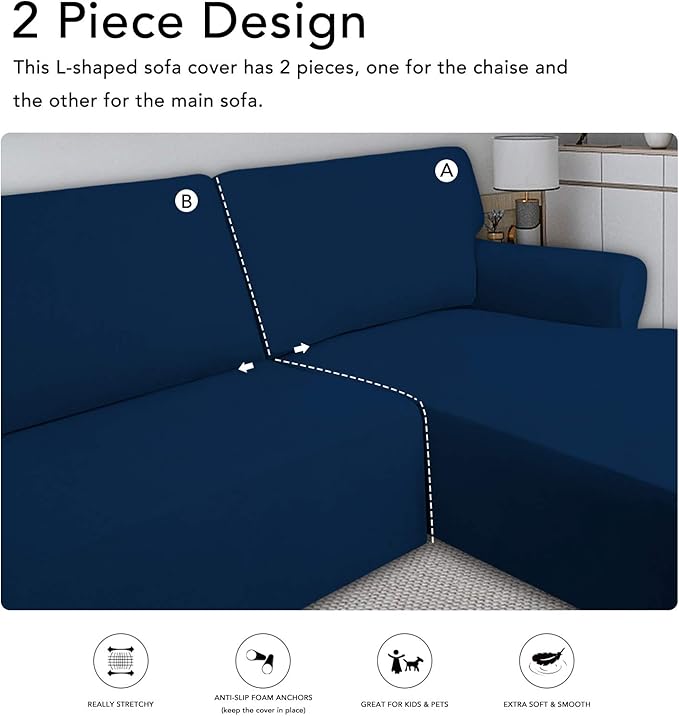 PureFit Super Stretch Sectional Couch Covers - 2 pcs Spandex Non Slip Sofa Covers with Elastic Bottom for L Shape Sectional Sofa Couch, Great for Kids & Pets (3 Seat Sofa + 3 Seat Chaise, Navy)