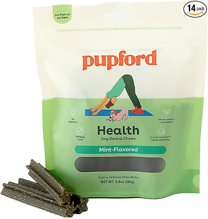Pupford Dental Chews for Dogs, All-Natural 4-Inch Sticks for Plaque, Tartar & Bad Breath, Grooved Texture, Limited Ingredients, Made in USA (14 Count)