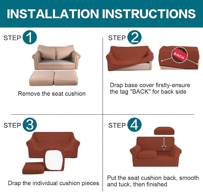 Turquoize 3 Piece Sofa Covers for 2 Cushion Couch Sofa Slipcover Soft Couch Cover for Dogs-Washable Sofa Furniture Covers with 2 Individual Cushion Covers, Thick Jacquard Fabric (Loveseat, Rust)