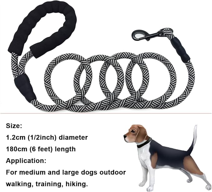 MayPaw Heavy Duty Rope Dog Leash, 3/4/6/7/8/10/12/15/20/30 FT Nylon Pet Leash, Soft Padded Handle Thick Lead Leashes for Large Medium Dogs (Black, 1/2" * 6')