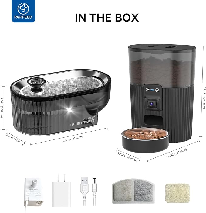 PAPIFEED Automatic Cat Feeder and Water Fountain Stainless Steel, WiFi Timed Auto Cat Feeder with Camera & App, Cat Food & Water Dispenser, Quiet Pet Drinking Fountain with LED, Smart Dog Feeder Set ﻿