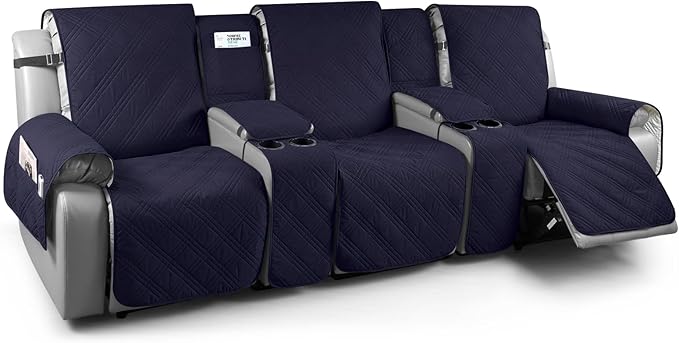 TAOCOCO 100% Waterproof Recliner Sofa Covers with Console, Couch Covers for Reclining Couches 3 Seat with Straps, Split Recliner Sofa Cover Furniture Pets Kids Protector (3 Seater, Navy Blue)