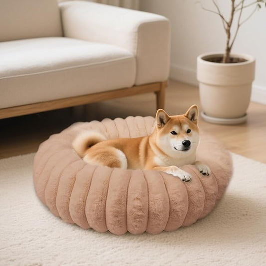 Donut Dog and Cat Bed, Luxurious Comfortable Faux Rabbit Fur Pet Beds, Round Anti-Anxiety Calming Puppy Kitten Bed with Anti-Slip Bottom for Small Medium Dogs & Cats(36", Brown)