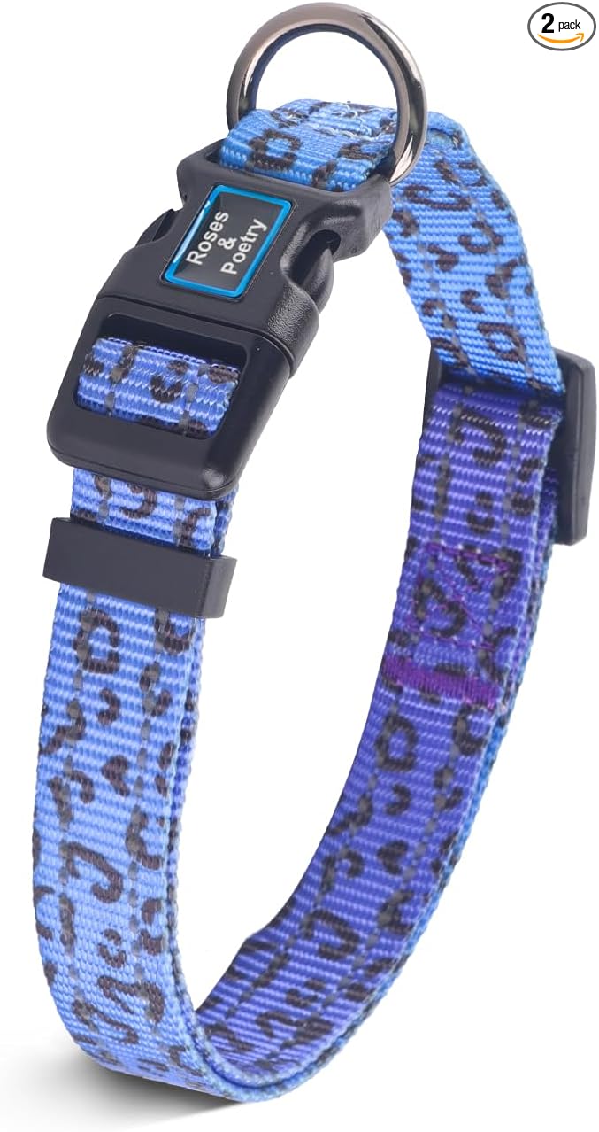 Roses&Poetry Dog Collars for Medium Dogs, Leopard Print Puppy Collar Adjustable Nylon Pet Collar Durable Reflective for Small Medium Large Dogs(Violet-Leopard M)