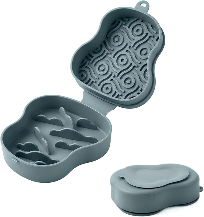 Collapsible Dog Travel Bowl with Lid, Portable Slow Feeder & Lick Mat Combo, Mess-Free Clamshell Silicone Water Dish for Hiking (Bluish)