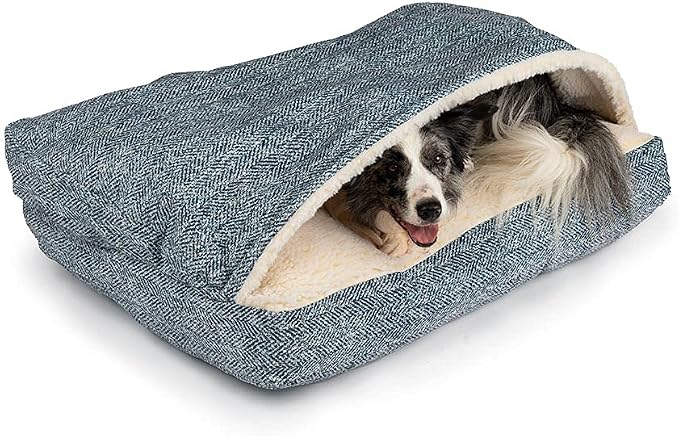 Snoozer Rectangle Cozy Cave Dog Bed - Indoor Dog Bed with Cover Cave, Covered Calming Burrow for Medium & Large Sized Pets with Blanket Attached, Enclosed, Washable Cover - Large, Palmer Indigo