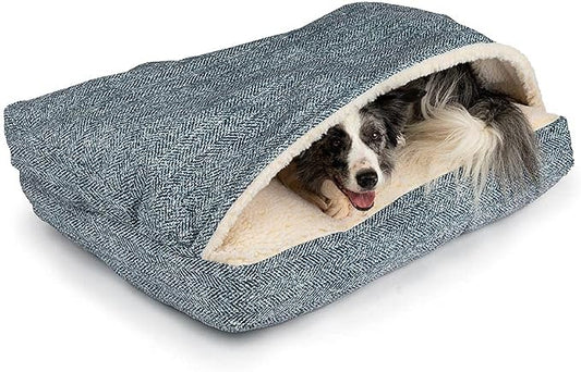 Snoozer Rectangle Cozy Cave Dog Bed - Indoor Dog Bed with Cover Cave, Covered Calming Burrow for Small Sized Pets with Blanket Attached, Enclosed, Washable Cover - Small, Palmer Indigo