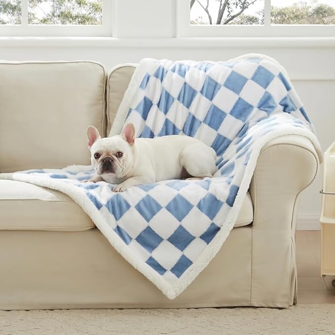 Ohocut Checkered Dog Blanket, Blue Jacquard Sherpa Blankets for Small Dog and Cats, Cute Aesthetic Style Fluffy Fleece Pets Blanket for Couch Protection Washable, 40"x50"