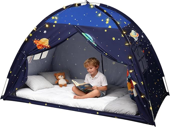 Redants Twin Bed Tent Canopy, Space Indoor Blackout Privacy Toddler Bed Tent for Kids with Light, Portable Sleeping Floor Kids Playhouse (Blue, Twin Size)