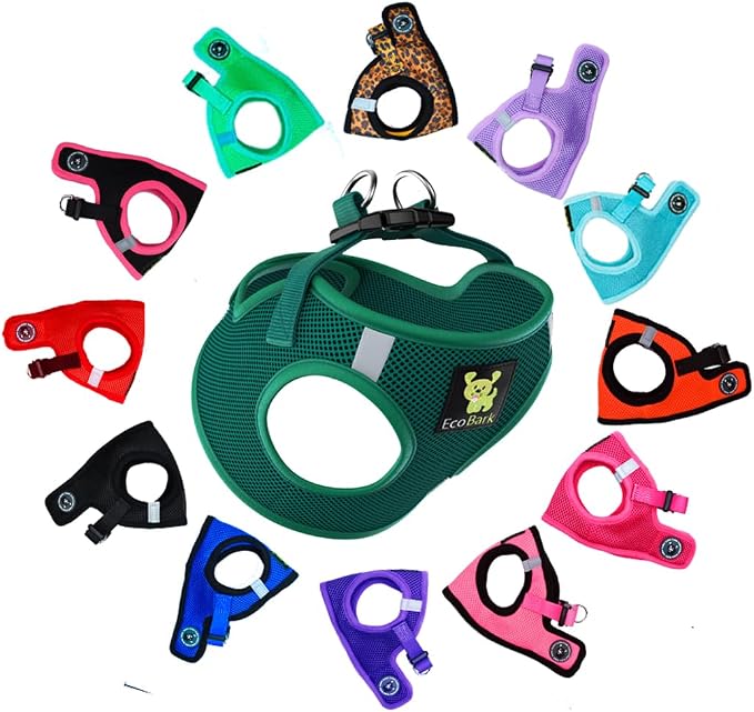 EcoBark Teacup Dog Harness - Luxury Step in Mesh Dog Harness in Forest Green - Soft & Secure Body Halter Vest