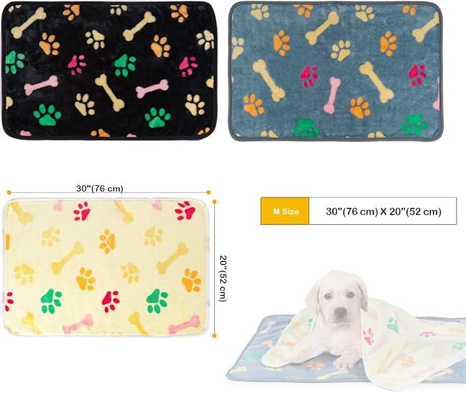 Dono 1 Pack 3 Blankets for Dogs, Soft Fluffy Paw Print Pattern Fleece Pet Blanket Warm Sleep Mat Cute Print Design Puppy Kitten Blanket Doggy Mat for Dog Doggy (Black/Yellow/Gray, M(30 * 20"))