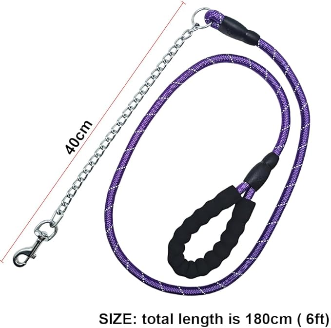 BTINESFUL 6FT Chewproof Dog Leash, Strong Nylon Rope with Anti-Chewing Chain and Padded Handle for Medium Large Dogs Outdoor Training Walking Hiking (Purple)
