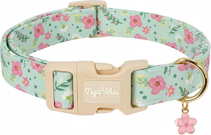 Dog Collar with Pink Floral Patterns, Spring Summer Collection Green Dog Collar with Exquisite Pendant, Durable Adjustable Collars for Gifts & Daily Use-XS