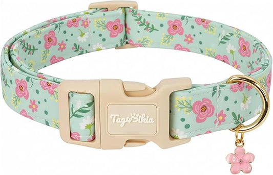 Dog Collar with Pink Floral Patterns, Spring Summer Collection Green Dog Collar with Exquisite Pendant, Durable Adjustable Collars for Gifts & Daily Use-L