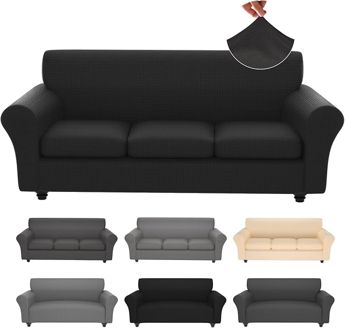 Stretch Couch Covers for 3 Separate Cushion Couch Sofa -Living Room Couch Sofa Cover,Washable Sofa Slipcover,Pet Friendly Furniture Protector with Elastic Bottom,Universal Fit for Home(Black,Sofa)