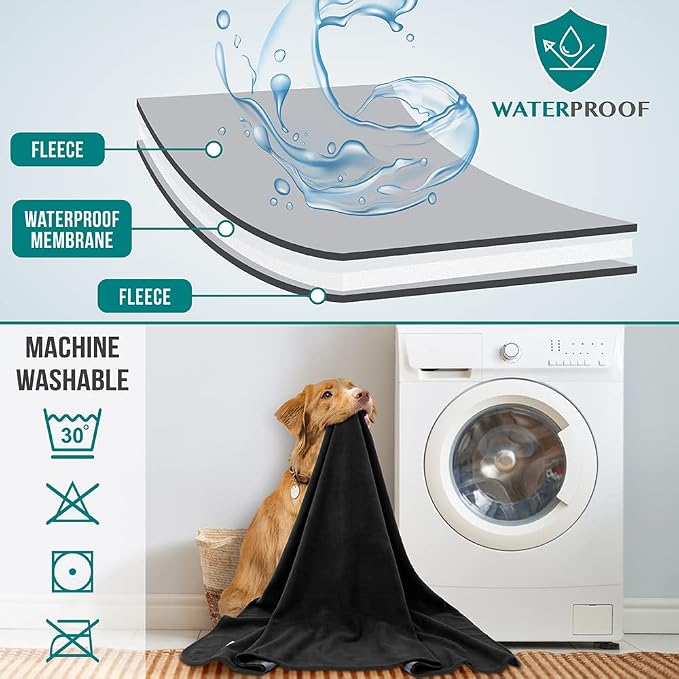 PetAmi Waterproof Dog Blanket for Couch, Pee Proof Reversible Cat Blanket for Sofa Bed Furniture Protector, Soft Fleece Washable Pet Throw for Dogs Cats Puppies Kittens, 60x80 Black Gray