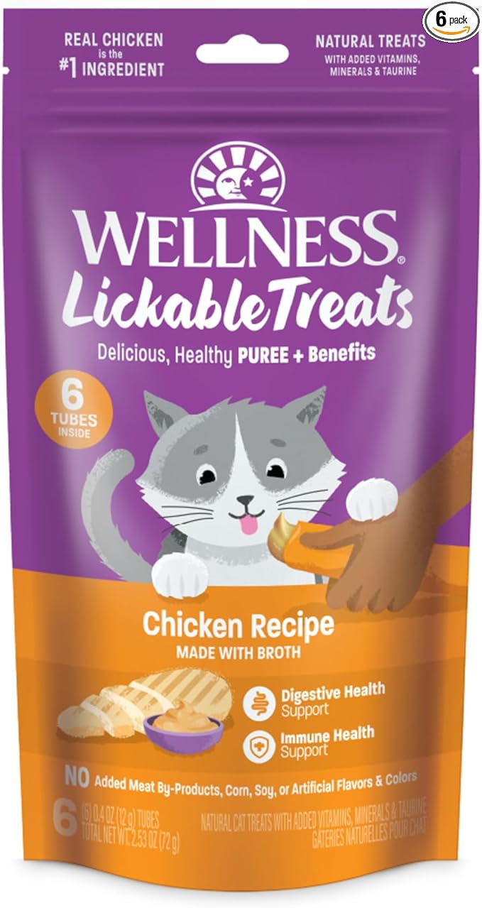 Wellness Lickable Soft Puree Cat Treats, All Lifestages, Kitten to Senior, Natural, Grain Free, Chicken Flavor, 0.4 oz, Pack of 6 Tubes