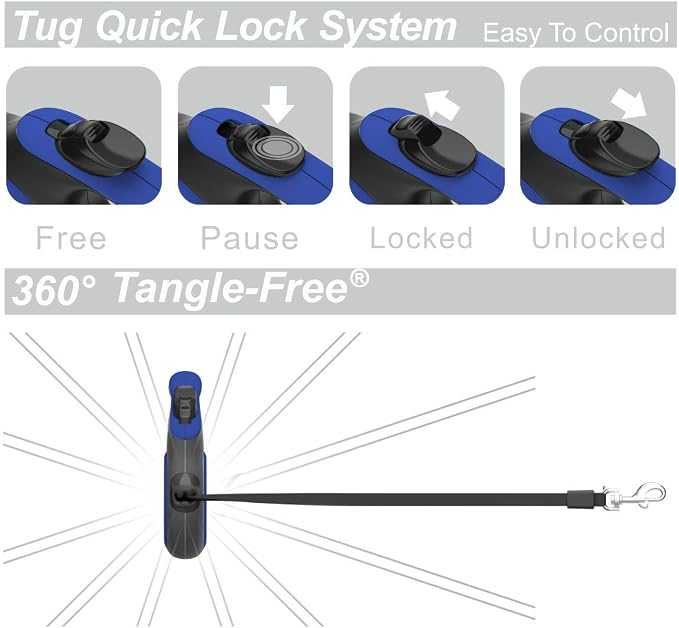 TUG 360° Tangle-Free Retractable Dog Leash with Anti-Slip Handle | 16 ft Strong Nylon Tape | One-Handed Brake, Pause, Lock (Small, Blue)