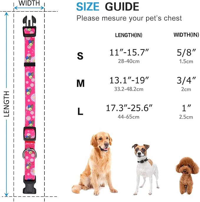 Pink Dog Collar Summer Daisy and Bees Print for Small Dogs