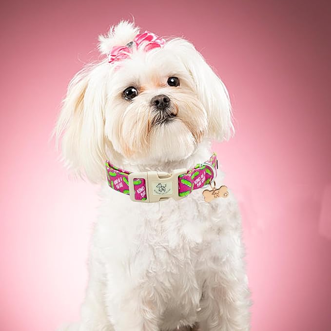 Elegant little tail Dog Collar, Dill Pickle Print Pink Puppy Male Adjustable Cotton Pet Collar with Quick Release Buckle for Small Medium Large Dogs
