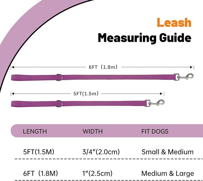 Waterproof Dog Leash, 5/6 FT Durable Odor-Proof Dog Leashes with Strong Metal Hooks Fits Small Medium or Large Dogs (Purple, 5FT - 3/4 inch Width)