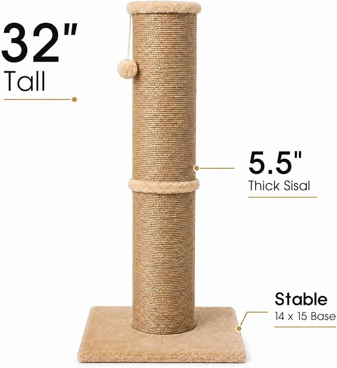 PAWSCRAT Cat Scratching Post 32 Inch High, 5.5 Inch Large Diameter Natural Sisal Cat Scratch Post, Scratch-Resistant and Durable Tall Cat Scratcher for Indoor Cats, Protect Your Furniture, Yellow