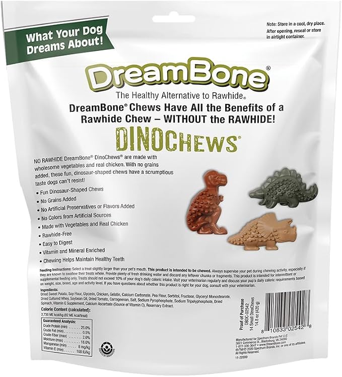 Dreambone Small Dinochews, Grain Free Dog Chews, 14 Count (Pack of 24)