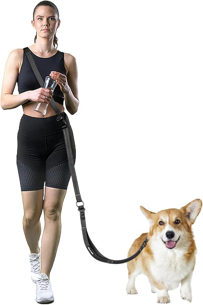 Hands Free Dog Leash & Car Seatbelt, 5.3-7.9ft Crossbody Dog Belt with Dual Soft Handles, Shock-Absorbing, 360° Clip, Reflective Design for Walking, Running, Hiking, Travel. (Black)