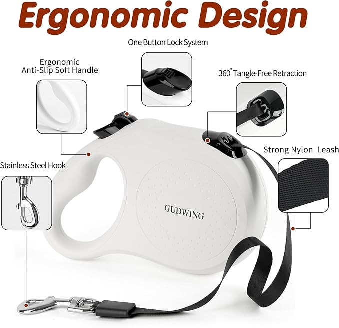 26FT Retractable Dog Leash, Heavy Duty Great Leash for Dog up to 110 lbs, 360° Tangle-Free RetractionOne-Handed Brake, Strong Nylon Tape (Large, White)
