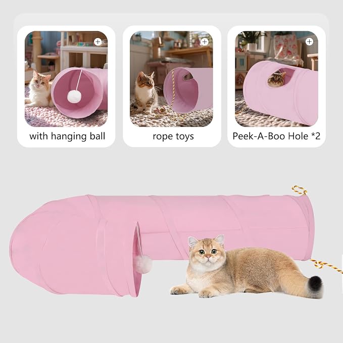 Cat Tunnel, 2-Way Collapsible Cat Tube with Interactive Peek-A-Boo Hole, Toy Ball, and Rope – Ideal for Indoor Cats, Kittens, and Rabbits (Pink)