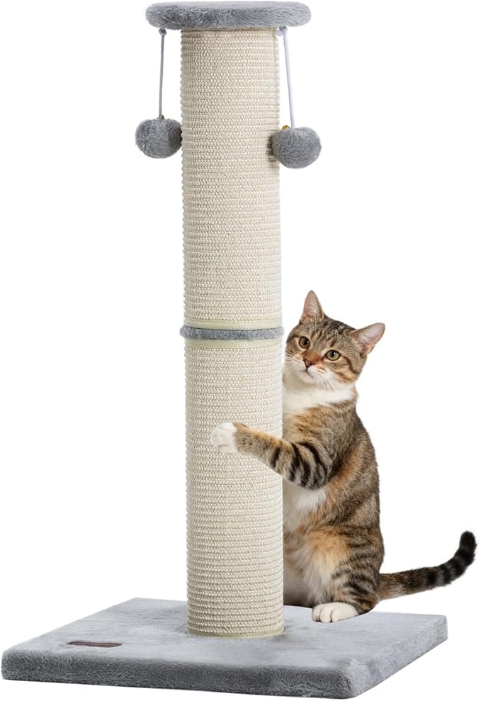 Cat Scratching Post 34 Inches Large Sturdy Cat Post with Sisal Scratcher and Hanging Ball Scratching Post for Indoor Cats Adult Grey