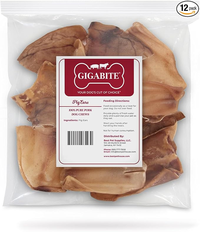 Best Pet Supplies GigaBite Whole Pig Ears for Dogs - All-Natural Slow-Roasted Chews that Clean Teeth and Satisfy Aggressive Chewers - 12 Pack for Large Dogs