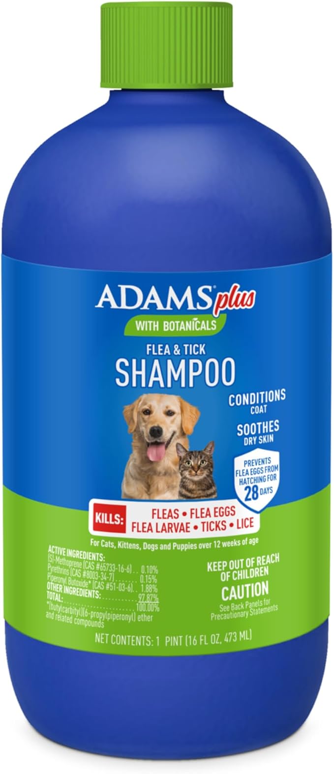 ADAMS Plus Botanicals Flea & Tick Shampoo with Precor for Dogs, Cats, Puppies & Kittens, Flea Shampoo to Treat Infestations, Kills Eggs & Lice, Cleans and Conditions Coat, Plant-Based, 16 Ounces