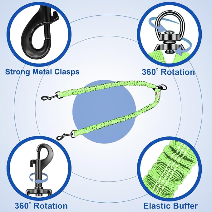 MingXpets Double Dog Leash - 360 Swivel, Tangle-Free Bungee Walking & Training Leash for Large & Medium Dogs, Shock Absorbing, Reflective, 18-120 lbs, Green