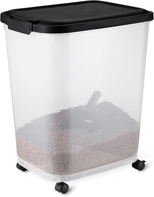 Amazon Basics Pet Food Storage Container with Wheels, BPA-Free, Detachable Scoop, 30lbs Capacity, Reliable Seal