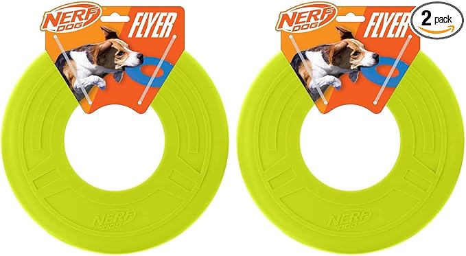Nerf Dog Atomic Flyer Outdoor Dog Toy, 10 Inch Flying Disc Dog Fetch Toy, Rubber Dog Toy for Medium Dogs and Large Dogs, Green (Pack of 2)