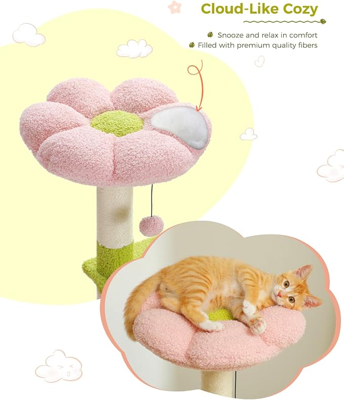 MUTTROS Flower Cat Tree 47.2" Multi-Level Cat Tower with Sisal Covered Scratching Posts, Cute Cat Condo for Indoor Small Medium Cats, Pink Top Perch, Fluffy Ball, Pink