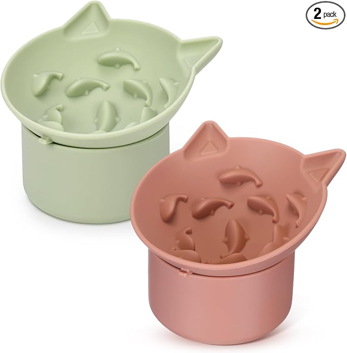 Funnymoom 2 Pack Silicone Cat Slow Feeder, Elevated Slow Feeder Cat Bowl for Dry and Wet Food, Tilted Design with Non Slip Base, Adjustable Angle for Pet(Green and Brown)