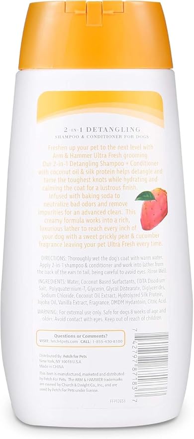 Arm & Hammer Ultra Fresh 2 in 1 Detangling Dog Shampoo and Conditioner with Baking Soda Deodorizer, Moisturizing Pet Wash for Tangles and Odor Control, Cucumber Prickly Pear Scent, 16 Fl Oz - 2 Pack