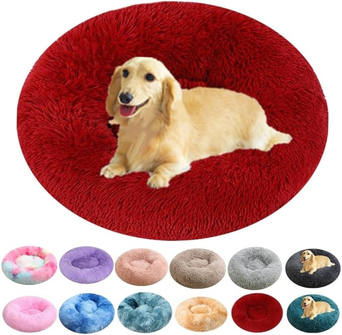Calming Donut Dog Bed, 24 Inch Round Fluffy Cats Beds for Small Medium Dogs and Cats, Washable Anti-Anxiety Plush Dogs Beds Mute Base Warming Cozy Soft Pet Puppy Bed, Red