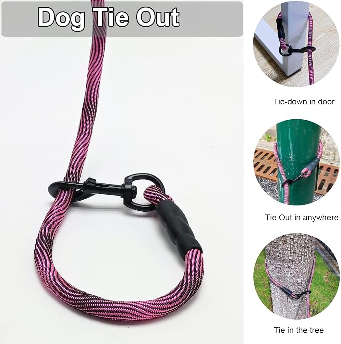 BTINESFUL 8ft/12ft/20ft/30ft/50ft/75ft Dog Tie-Out Long Tether Rope Leash, Outdoor Dog Lead for Yard- Large Medium Dogs Training, Playing, Camping, Backyard (20 Foot, Pink Black)